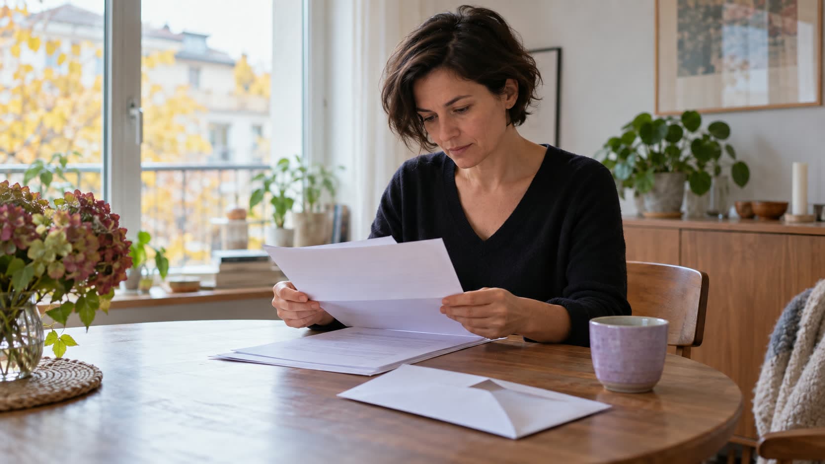 Une femme lit plusieurs pages d’un courrier à la table de son salon, près d’une enveloppe ouverte et d’une tasse