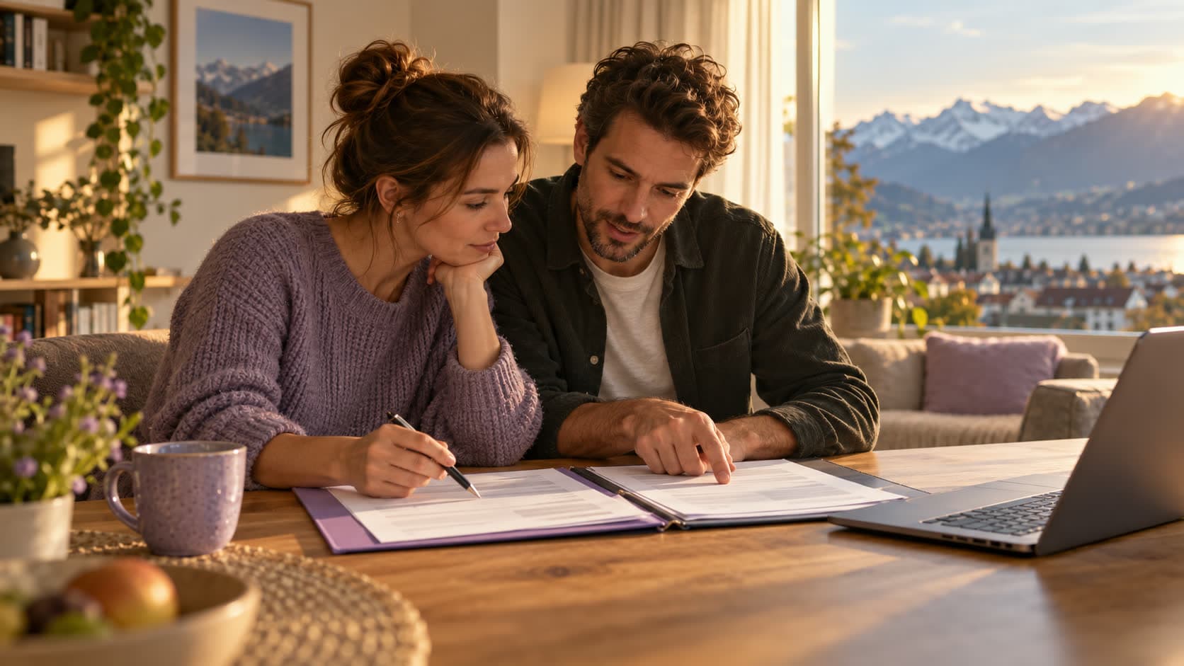 Un couple compare deux dossiers ouverts à la table du salon, un ordinateur portable posé à côté