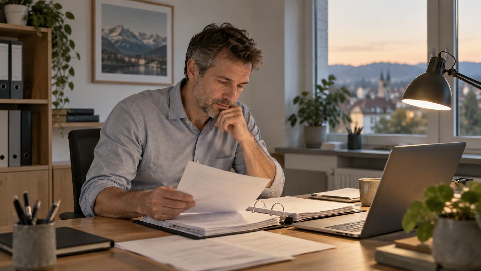 Un homme indépendant relit des relevés et un classeur de comptabilité à son bureau, à côté d’un ordinateur portable ouvert, en fin de journée