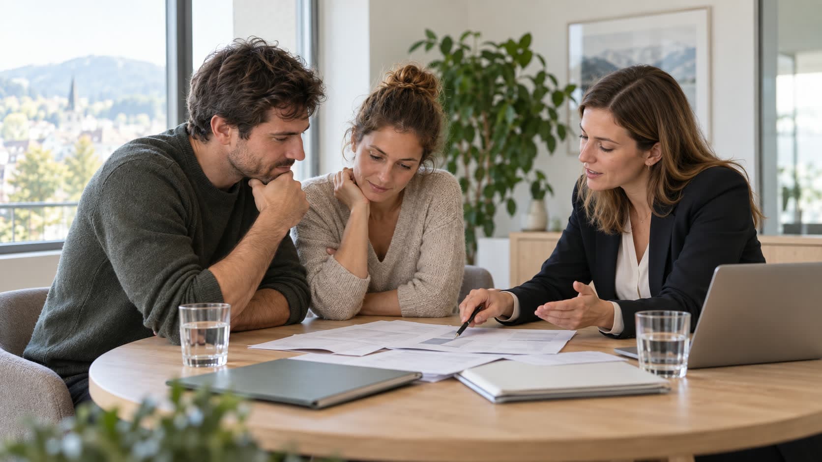 Un couple d’une quarantaine d’années discute avec une conseillère autour d’une table, des documents de prévoyance étalés devant eux