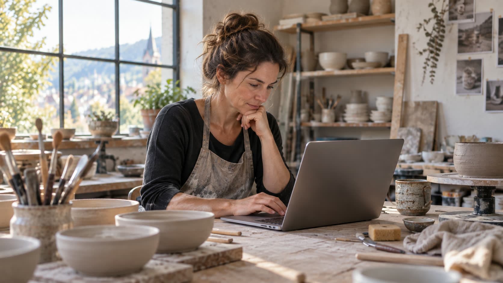 Une artisane indépendante fait ses comptes sur un ordinateur portable dans son atelier, entourée d’outils et de pièces en cours de fabrication