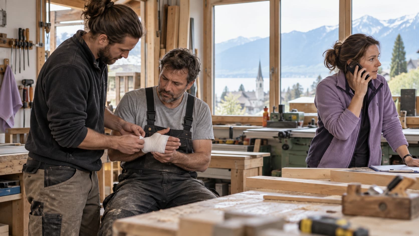 Dans un atelier de menuiserie, un collègue aide un menuisier assis à la main bandée tandis qu’une responsable téléphone à côté.