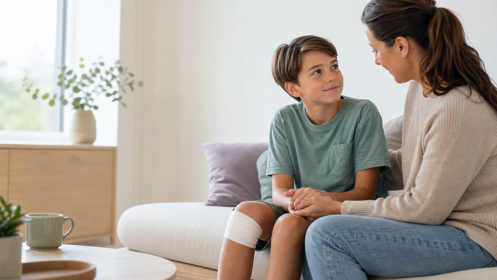 Enfant au genou bandé accompagné d’un parent en salle d’attente