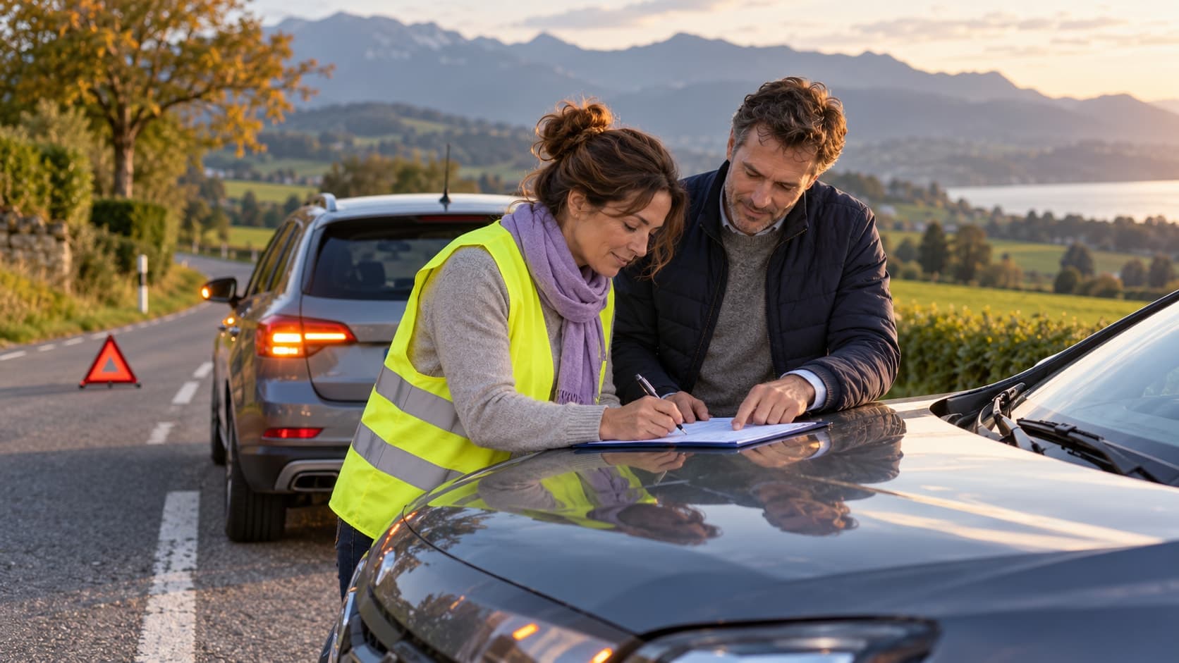 Une femme en gilet jaune et un homme remplissent un constat sur le capot d’une voiture au bord d’une route de campagne. Une seconde voiture, les feux de détresse allumés, et un triangle sont visibles derrière eux, avec des prés et des collines au loin.