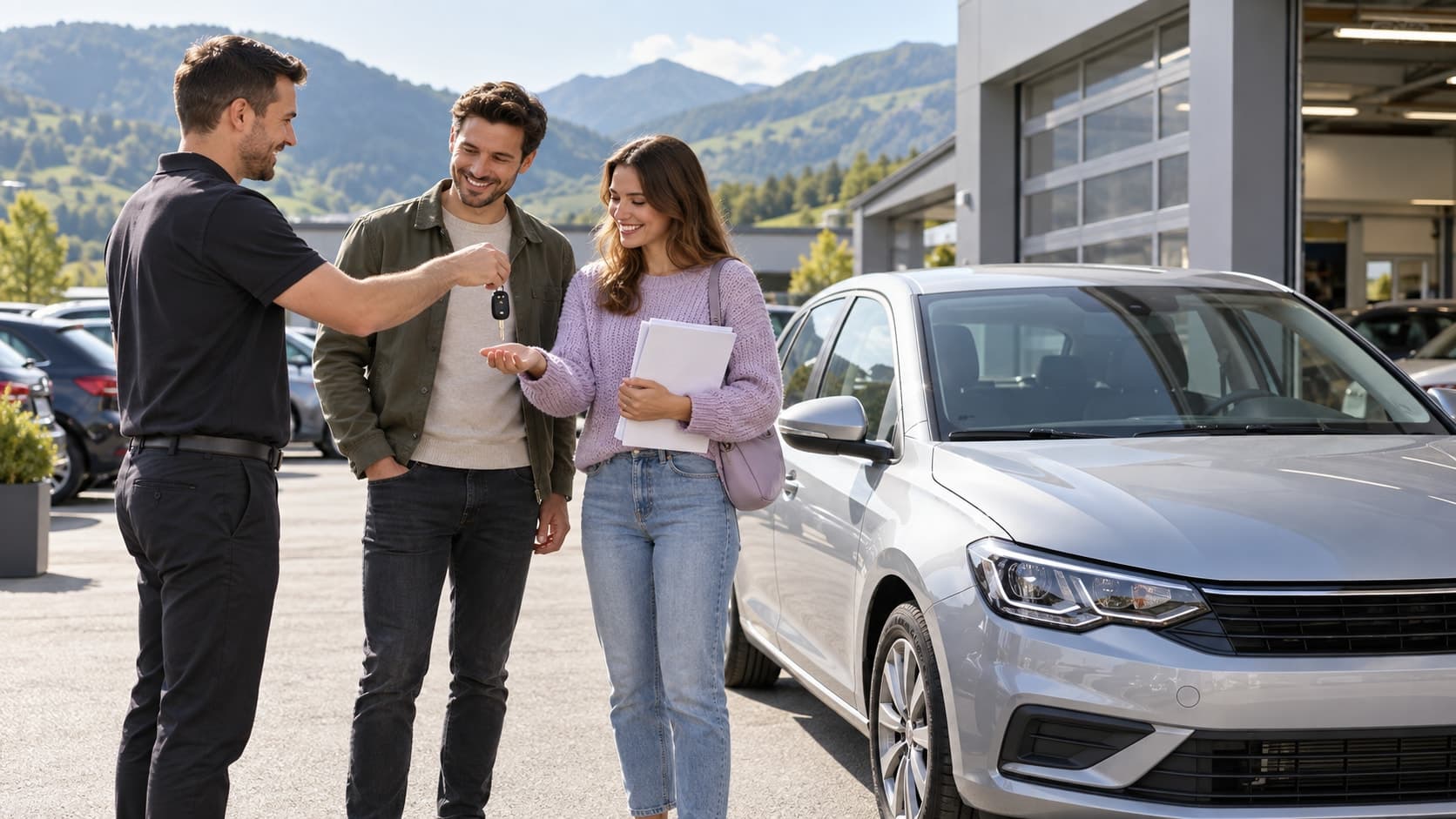 Dans la cour d’un garage, un vendeur remet les clés d’une voiture gris clair à un couple souriant. La femme tient un dossier de documents, avec des voitures alignées et des collines en arrière-plan.