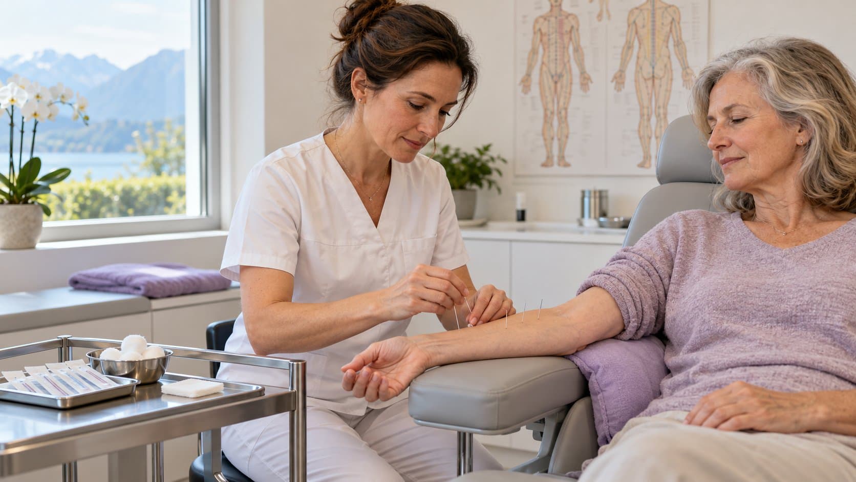 Dans un cabinet lumineux, une acupunctrice pose de fines aiguilles sur l’avant-bras d’une patiente assise dans un fauteuil de soin.