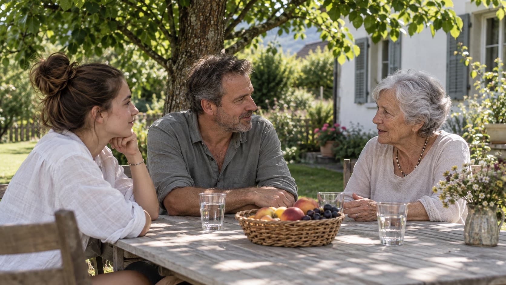 Trois générations autour d’une table de jardin en été, une jeune femme, un homme d’âge mûr et une grand-mère, vus de côté