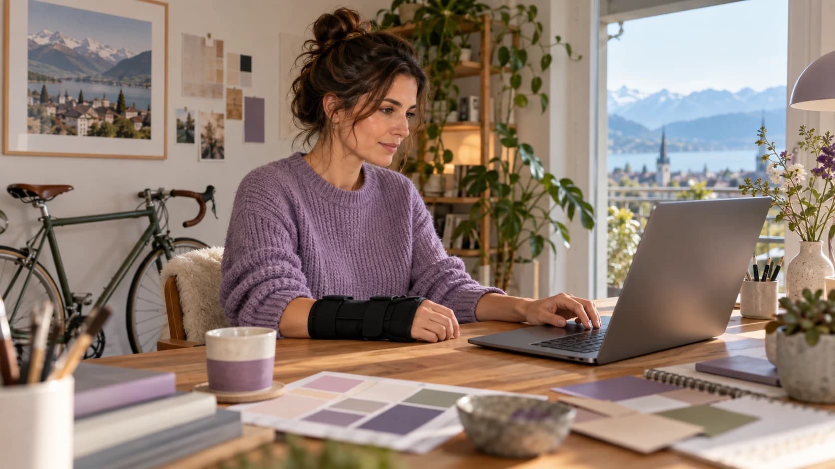 Une graphiste travaille d’une main sur son ordinateur, l’autre poignet maintenu dans une attelle, avec un vélo appuyé contre le mur de son bureau à domicile.