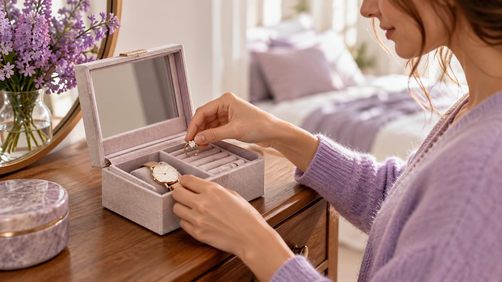 Les mains d’une femme rangent une bague et une montre dans un petit coffret à bijoux posé sur une commode.
