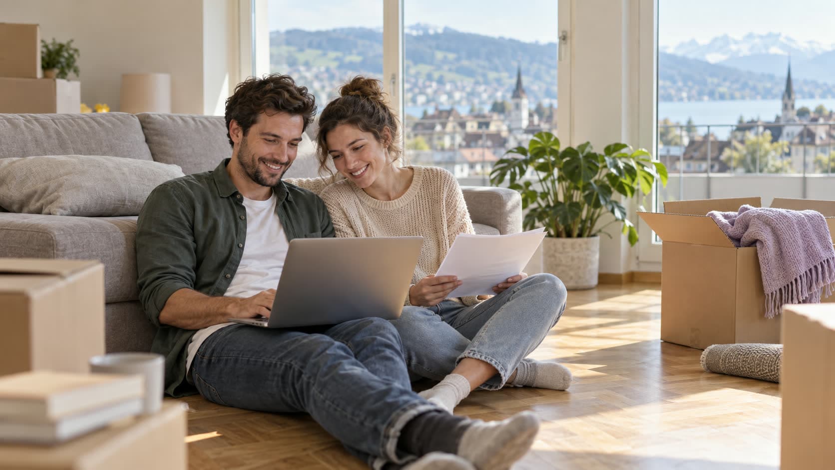 Un jeune couple assis parmi les cartons de déménagement consulte un ordinateur dans son nouvel appartement