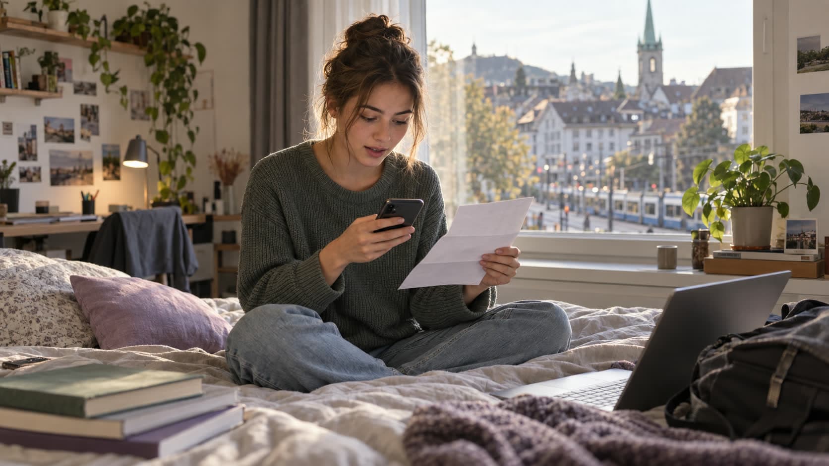 Une jeune femme lit un courrier assise sur le lit de son premier studio, son téléphone à la main