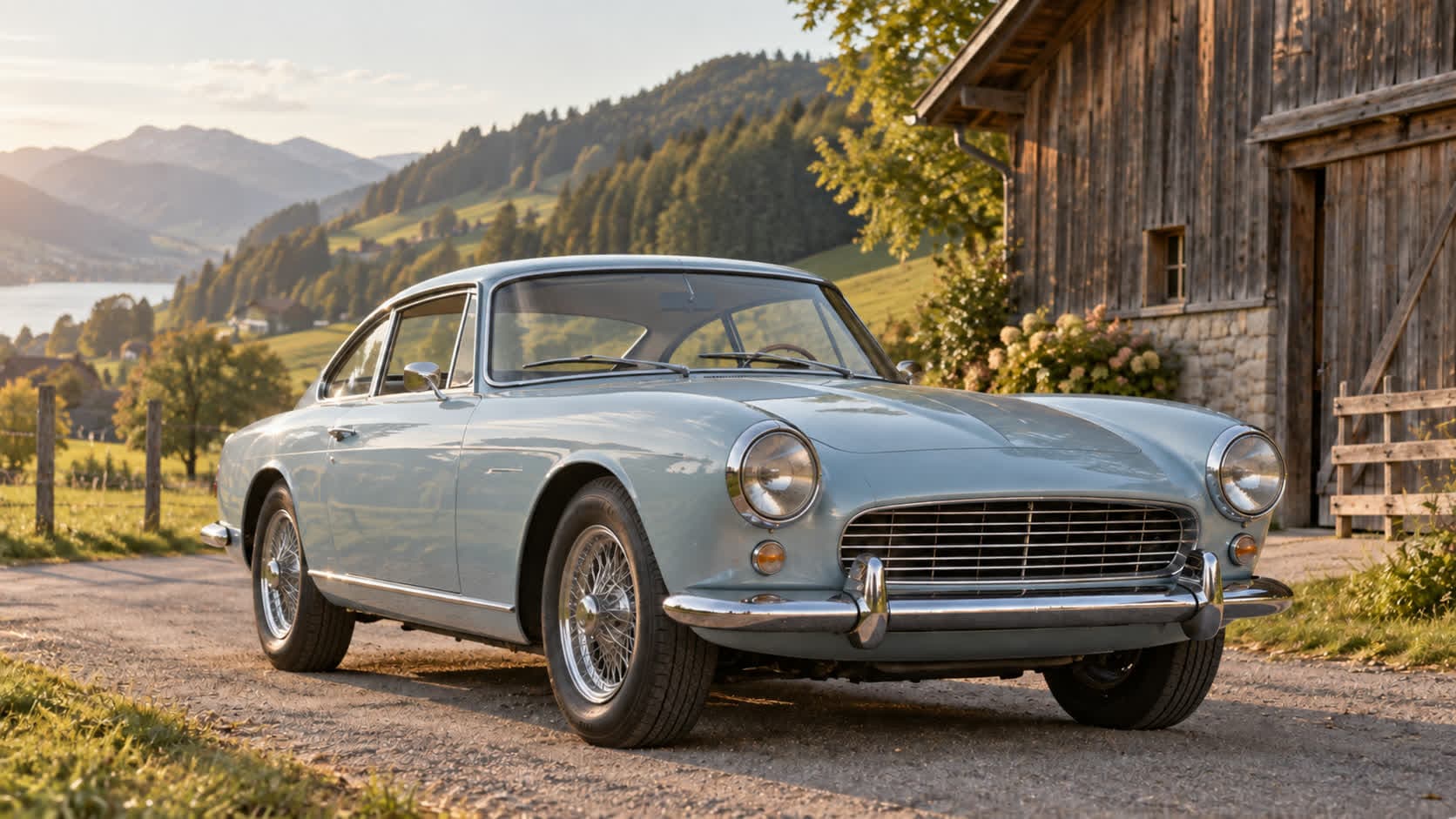 Une voiture de collection des années 1960 garée devant une grange, au bord d’une route de campagne suisse, en fin de journée