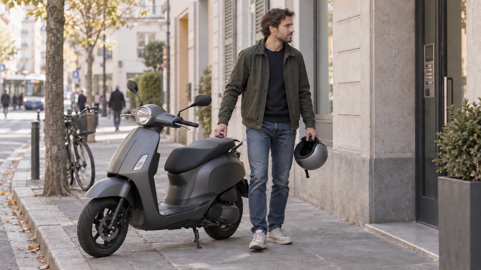 Un homme gare son scooter le long d’un trottoir en ville, le casque à la main, un matin de semaine