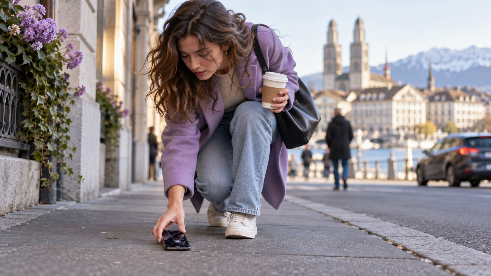 Sur un trottoir, une jeune femme ramasse un téléphone à l’écran fissuré, un gobelet de café dans l’autre main.