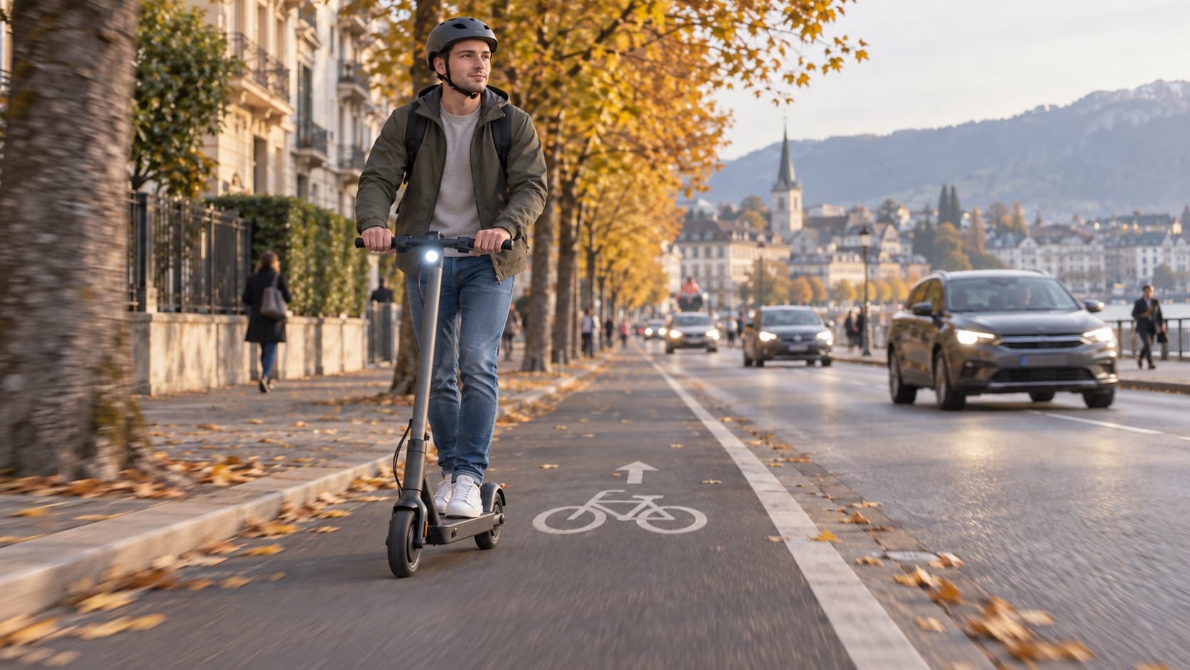 Un jeune homme en veste roule en trottinette électrique sur une piste cyclable en ville, un casque sur la tête, un matin d’automne