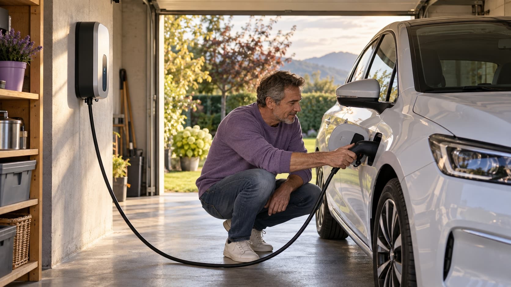 Dans un garage ouvert sur un jardin, un homme accroupi vérifie le câble reliant une voiture électrique claire à une borne murale.