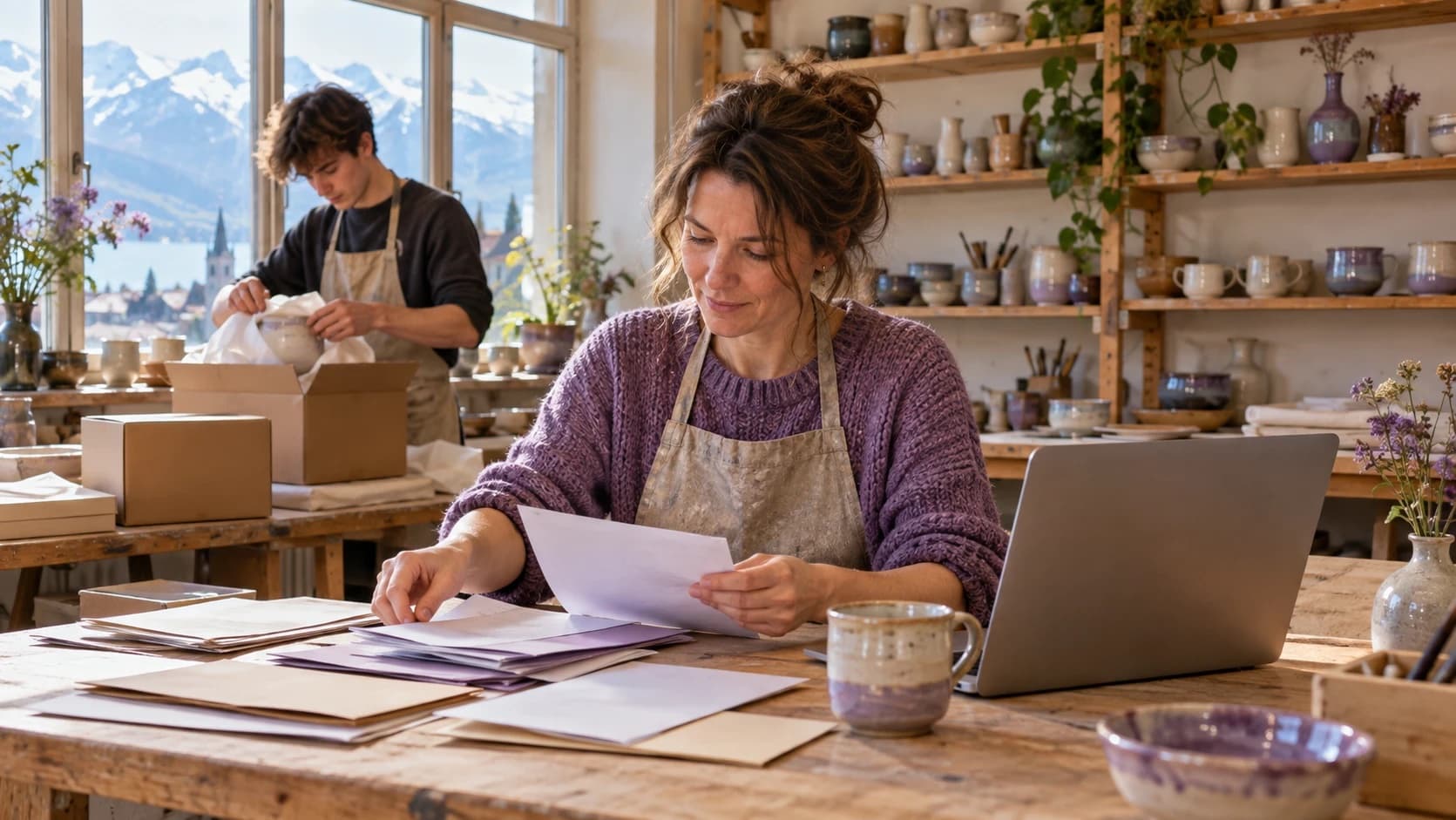 Dans un atelier de céramique lumineux, une artisane trie des documents près d’un ordinateur portable pendant qu’un apprenti emballe des pièces à l’arrière-plan.