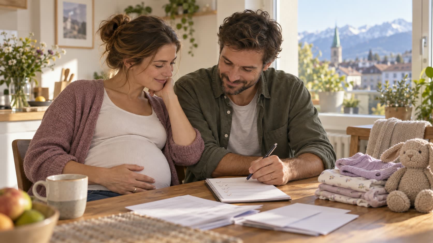 Un couple attendant un bébé coche une liste de démarches à la table de la cuisine