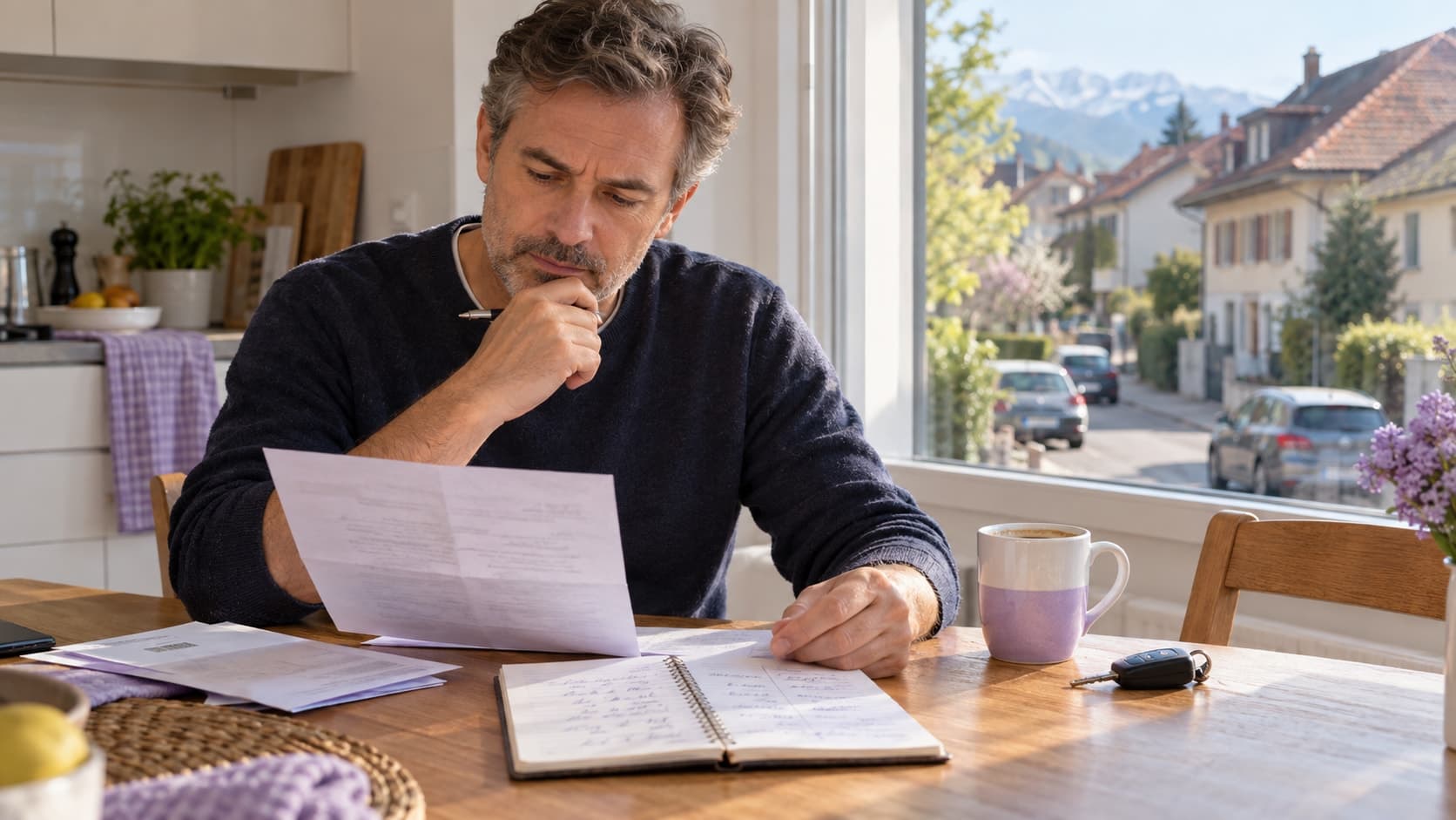 Dans une cuisine lumineuse, un homme lit une lettre d’assurance, un stylo à la main, près d’un carnet ouvert, d’une tasse de café et d’une clé de voiture. La fenêtre donne sur une rue bordée de maisons aux toits en tuiles.