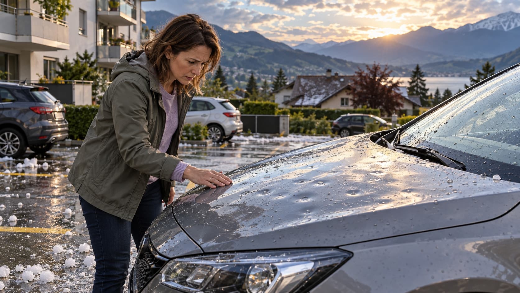 Une femme examine les petites bosses sur le capot mouillé d’une voiture grise après la grêle, sur un parking résidentiel suisse, avec des grêlons au sol et des montagnes en arrière-plan.