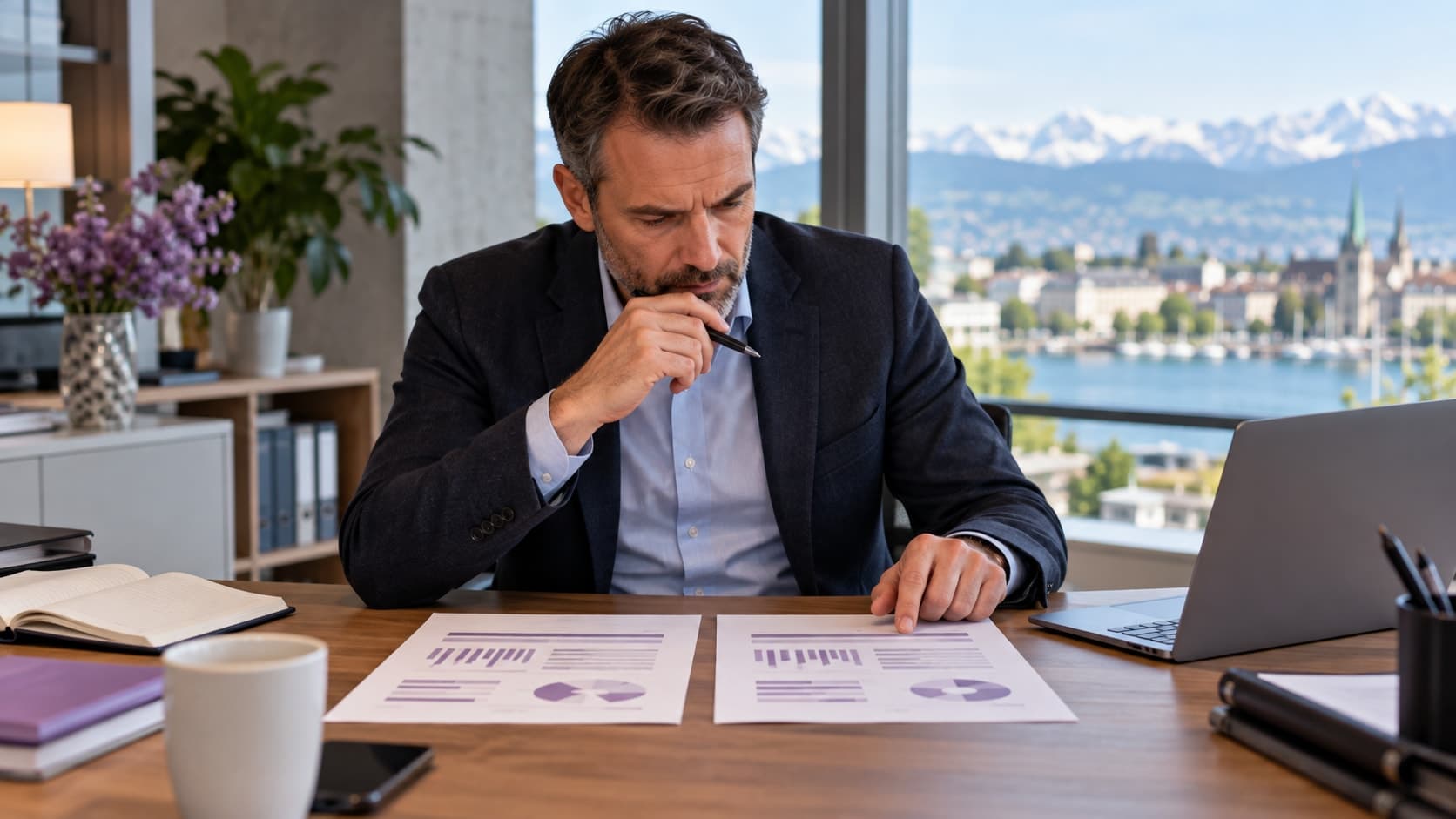 Un dirigeant de PME compare deux documents d’offre posés côte à côte sur son bureau, un ordinateur portable ouvert à côté.