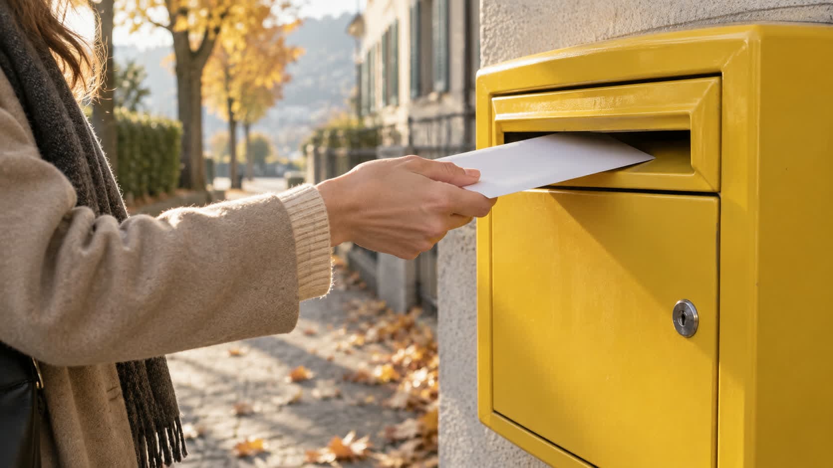 Une main glisse une lettre dans une boîte aux lettres jaune de la Poste suisse, un matin d’automne