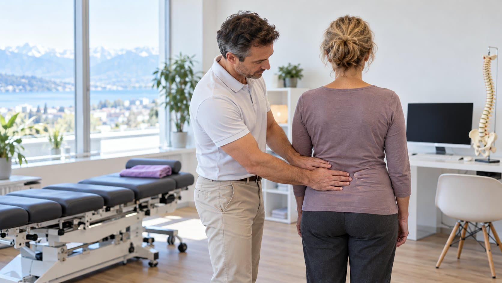 Dans un cabinet lumineux avec vue sur le lac, un chiropraticien examine le bas du dos d’une patiente debout, une table de traitement et un modèle de colonne vertébrale en arrière-plan.