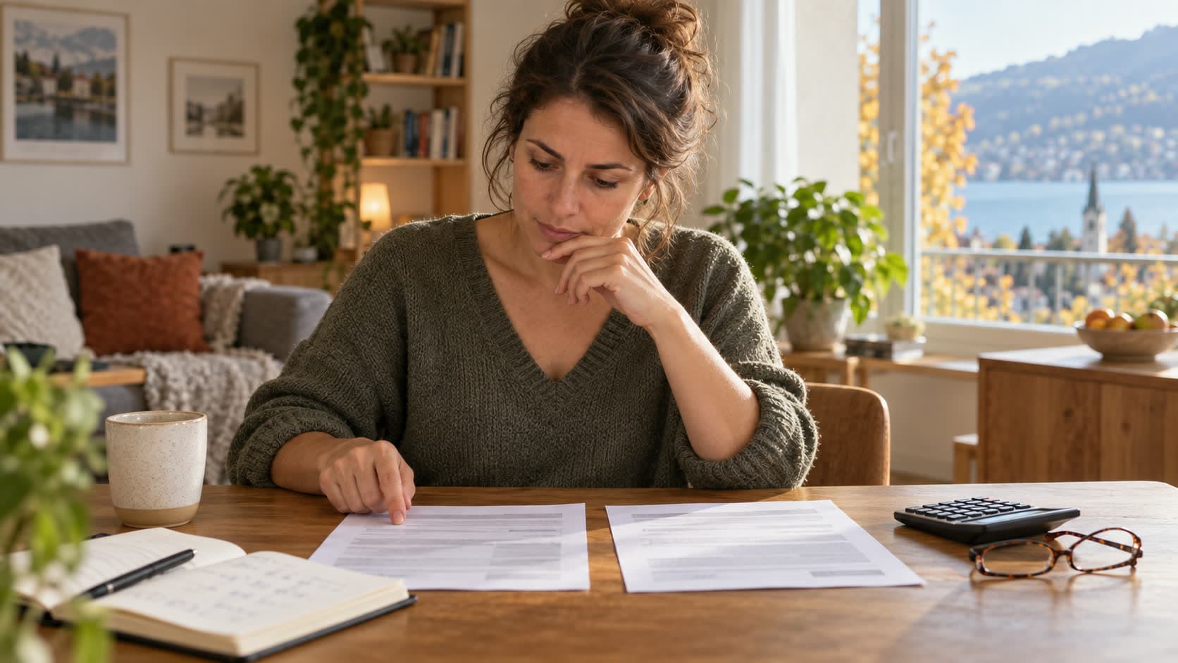 Une femme compare deux documents d’assurance à sa table, avec une calculatrice, des lunettes et un carnet