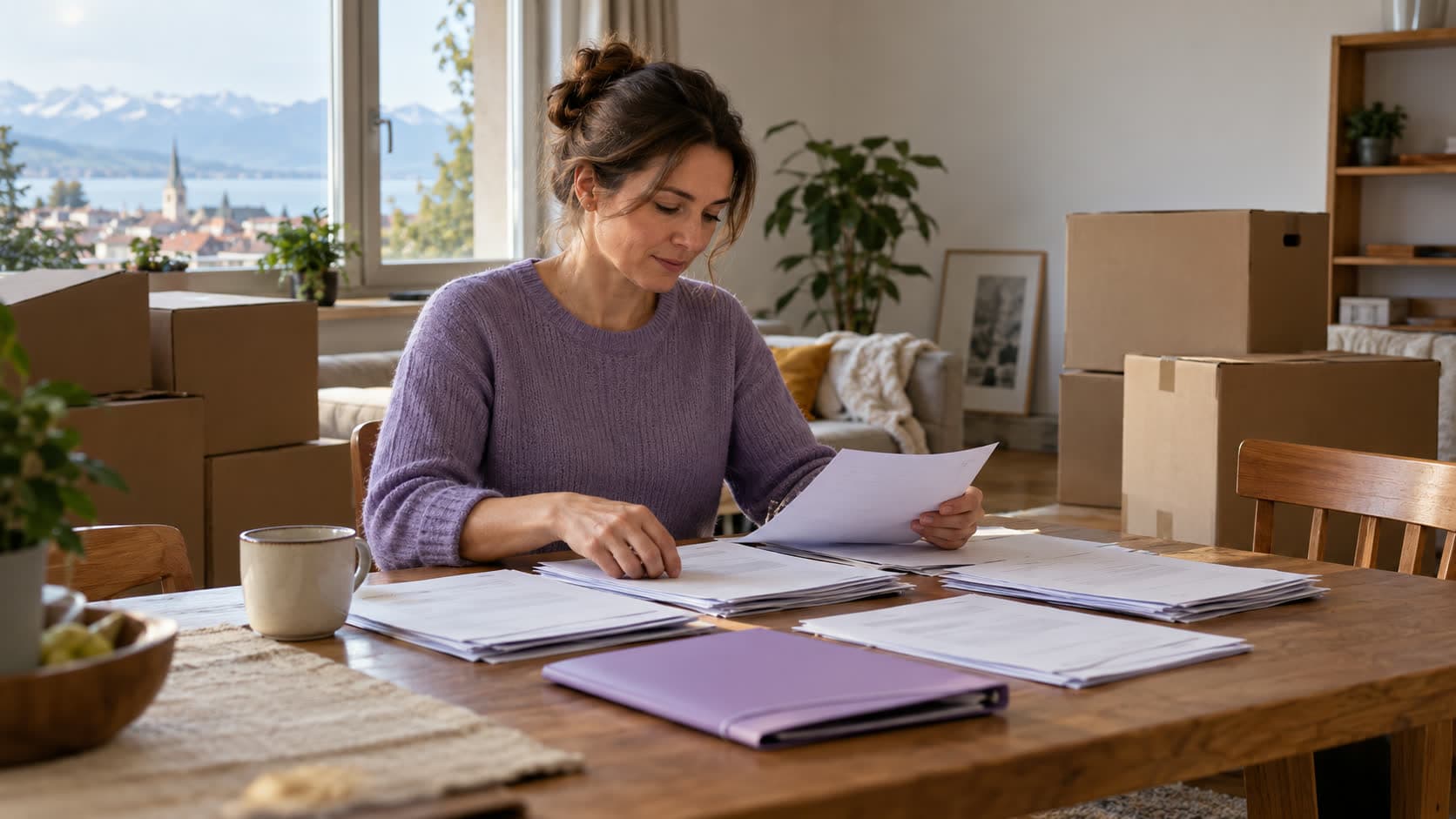Une femme trie des documents à la table d’un appartement, avec des cartons de déménagement autour d’elle