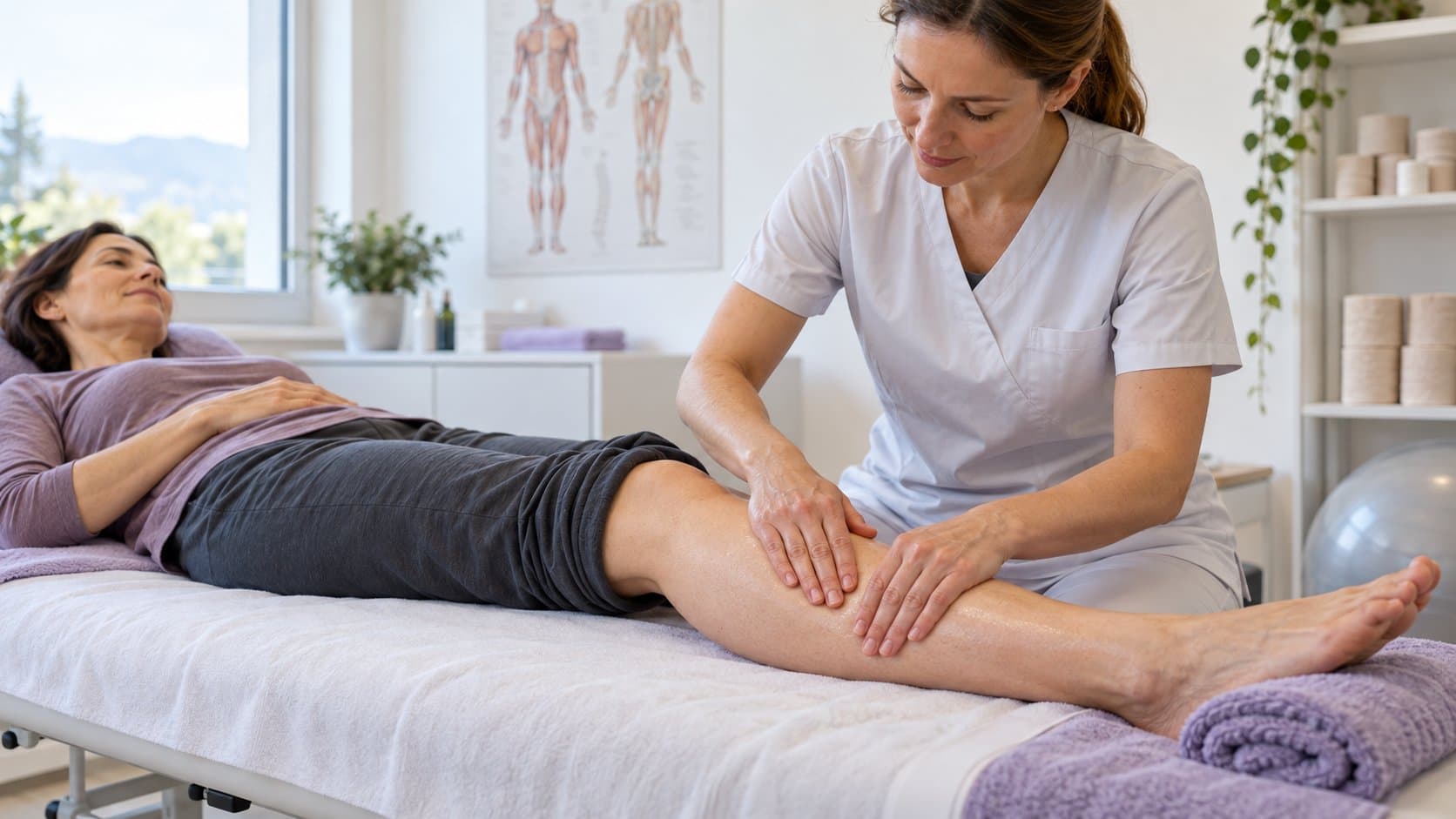 Dans un cabinet lumineux, une physiothérapeute fait un drainage lymphatique manuel sur la jambe d’une patiente allongée sur une table de soin.