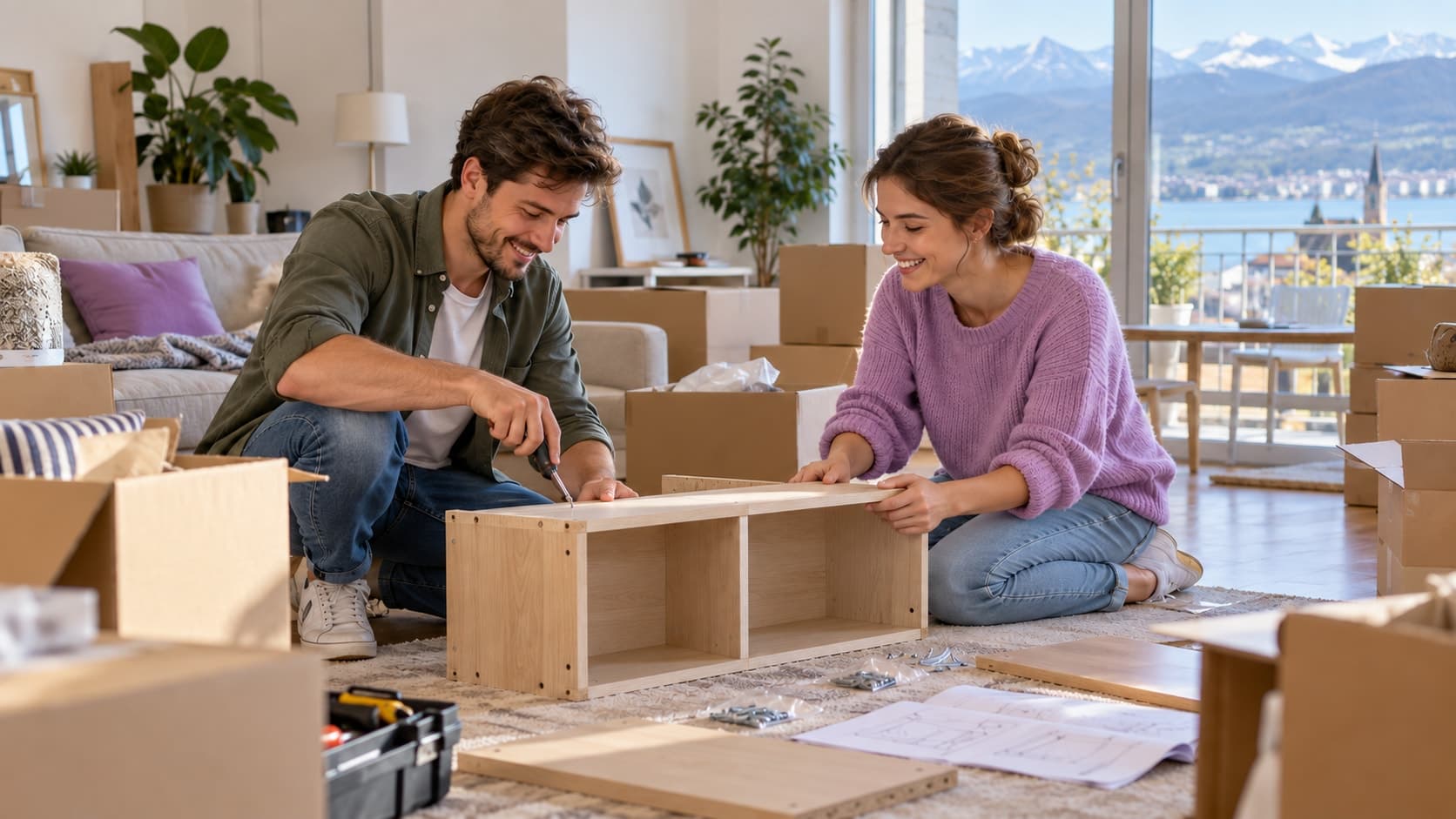 Un couple souriant assemble un meuble dans un salon, entouré de cartons de déménagement ouverts.