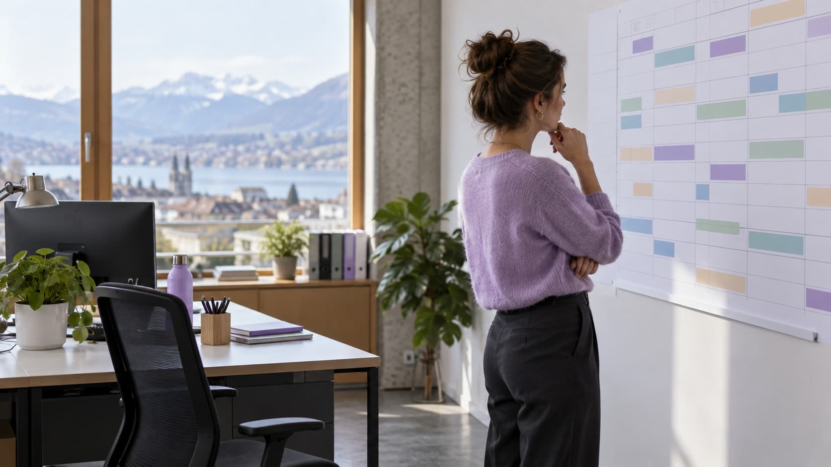 Dans un bureau, une responsable consulte un planning d’équipe au mur, à côté d’un poste de travail inoccupé.
