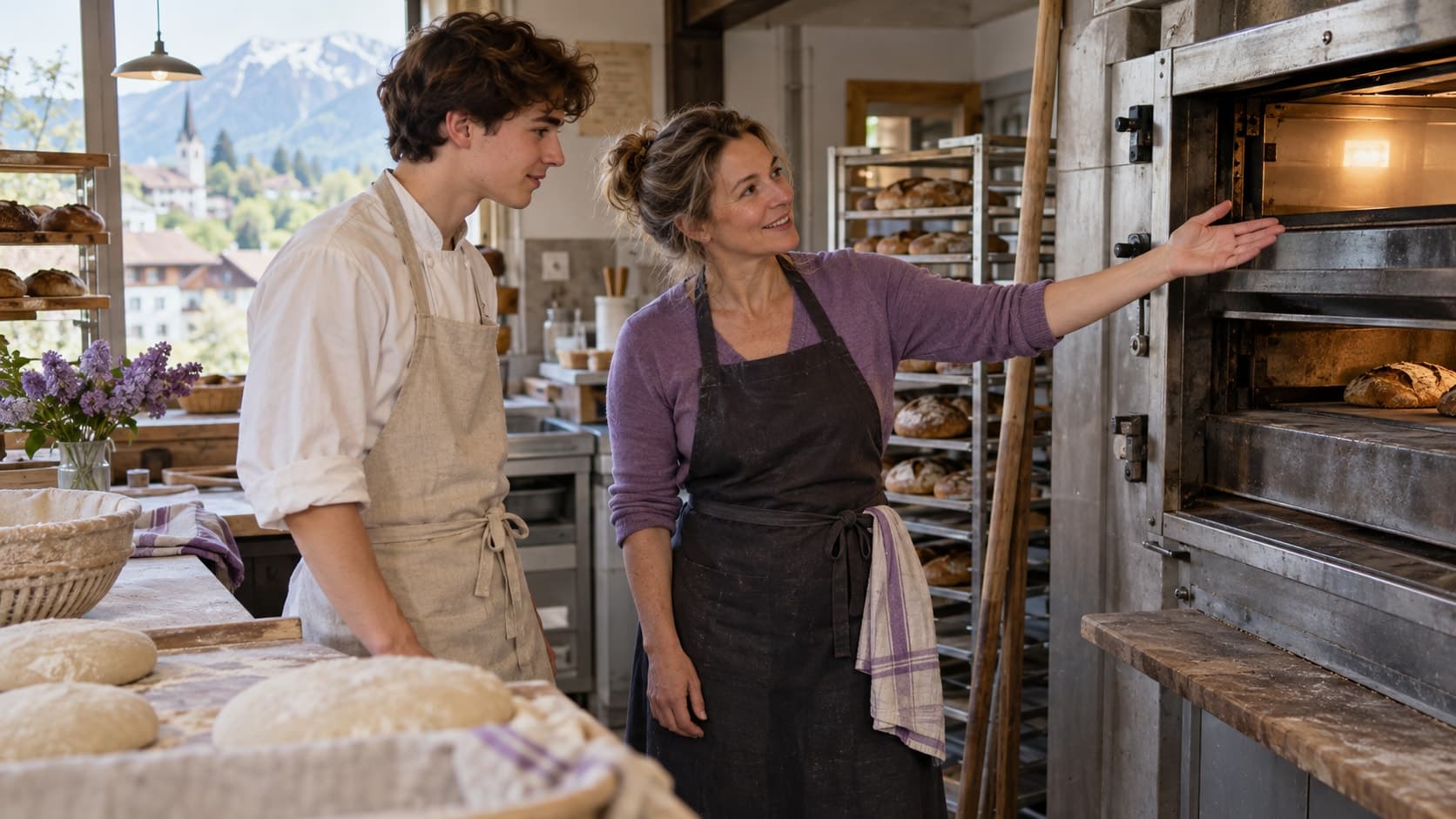 Dans une boulangerie artisanale, la patronne accueille un jeune employé en tablier et lui montre le fournil.