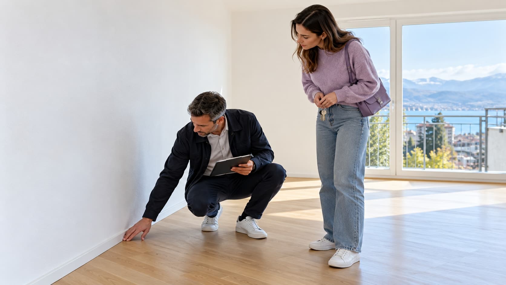 Dans un appartement vide, un gérant accroupi examine le parquet près d’une plinthe, tablette à la main. Une locataire debout à côté observe en tenant ses clés.