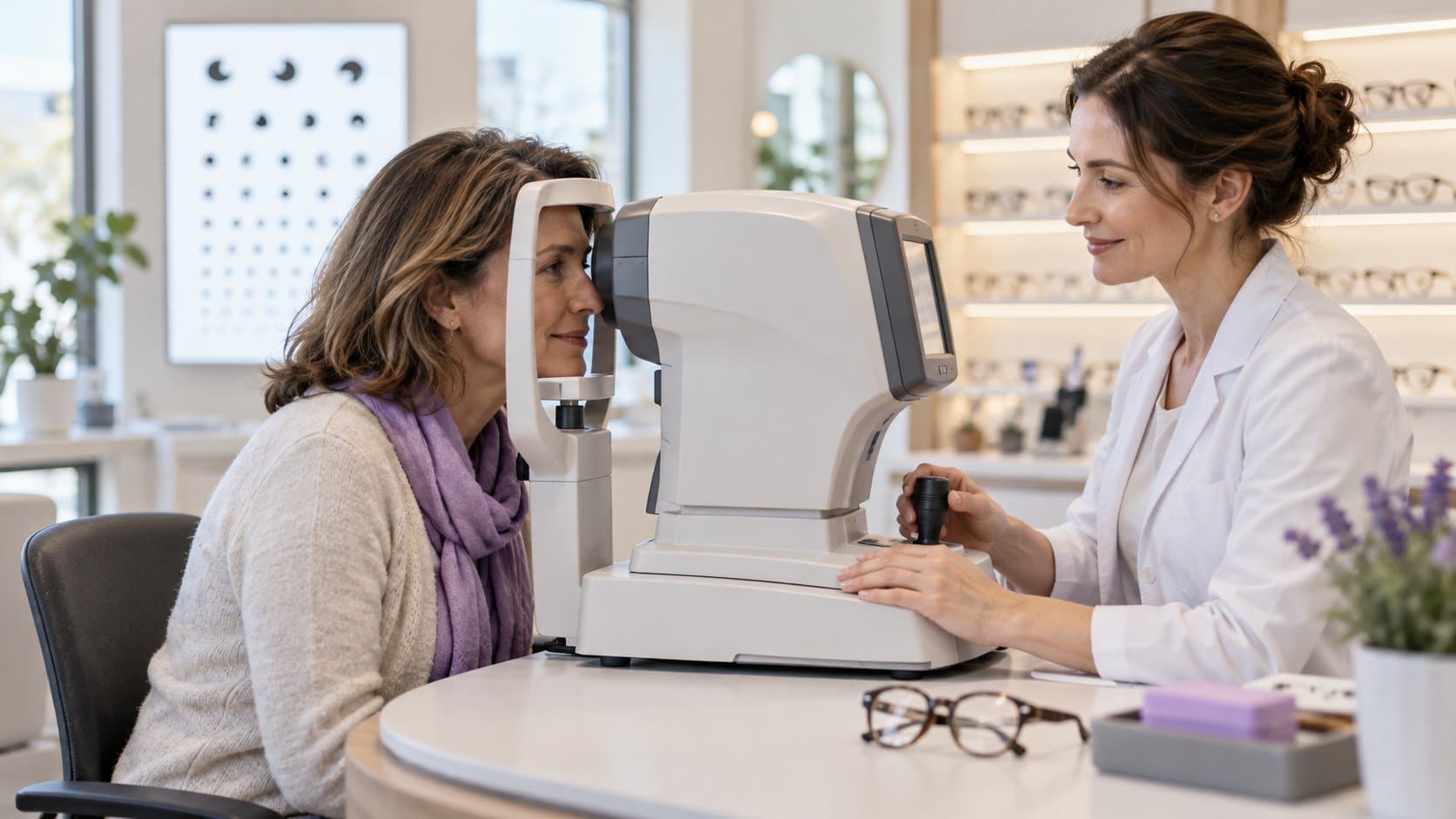 Chez un opticien, une femme pose le front sur un appareil de mesure de la vue pendant que l’optométriste le règle