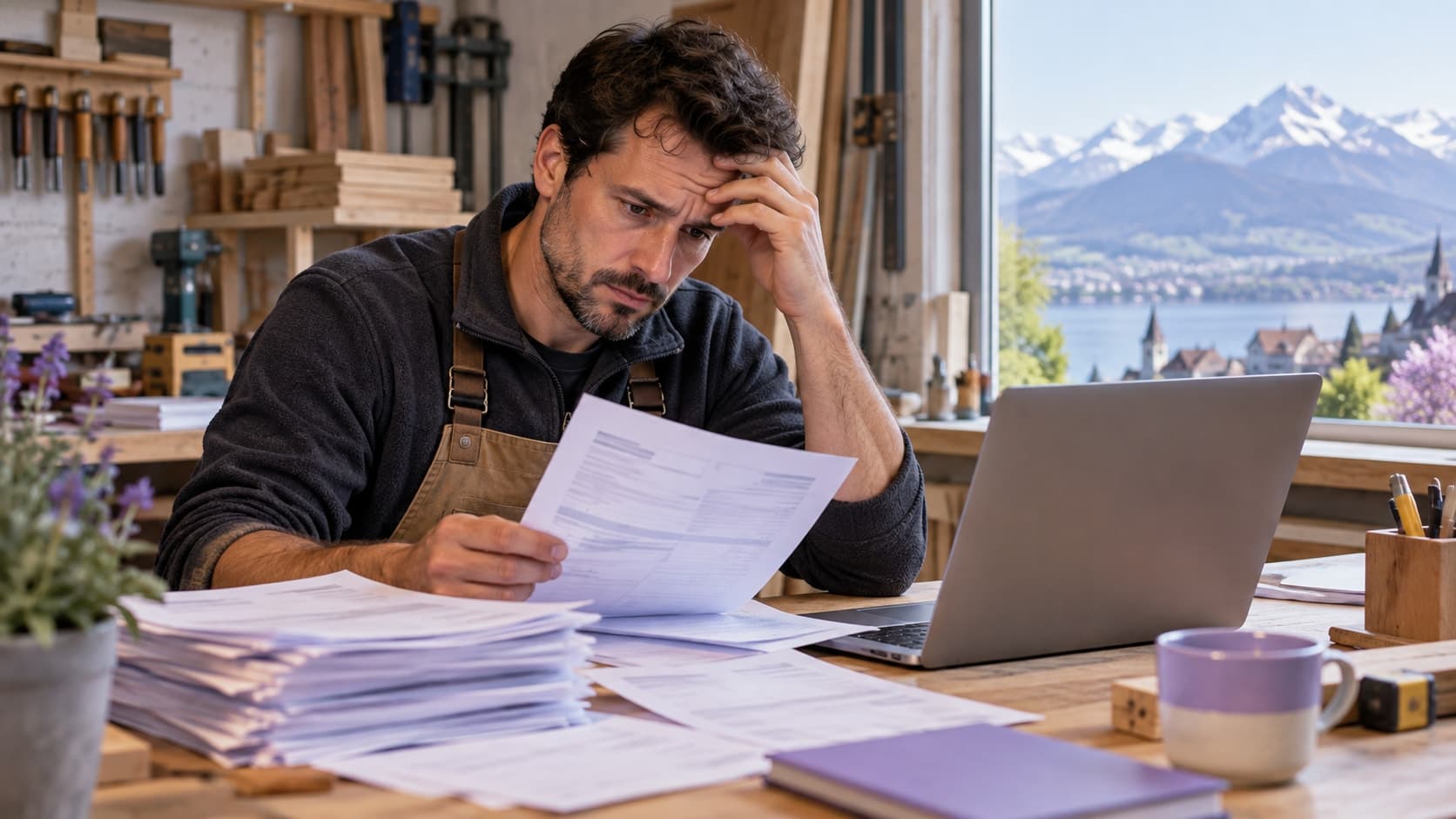 À son bureau d’atelier, un artisan préoccupé relit une pile de factures près d’un ordinateur portable ouvert.