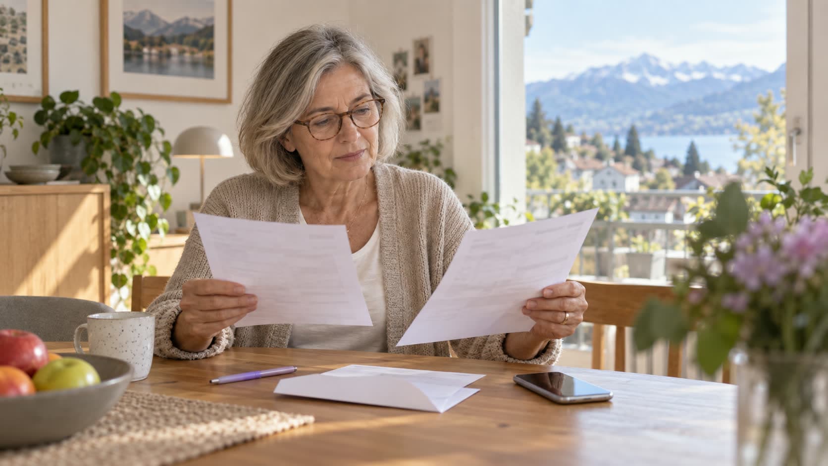 Une femme compare une facture médicale et le décompte de sa caisse maladie à sa table