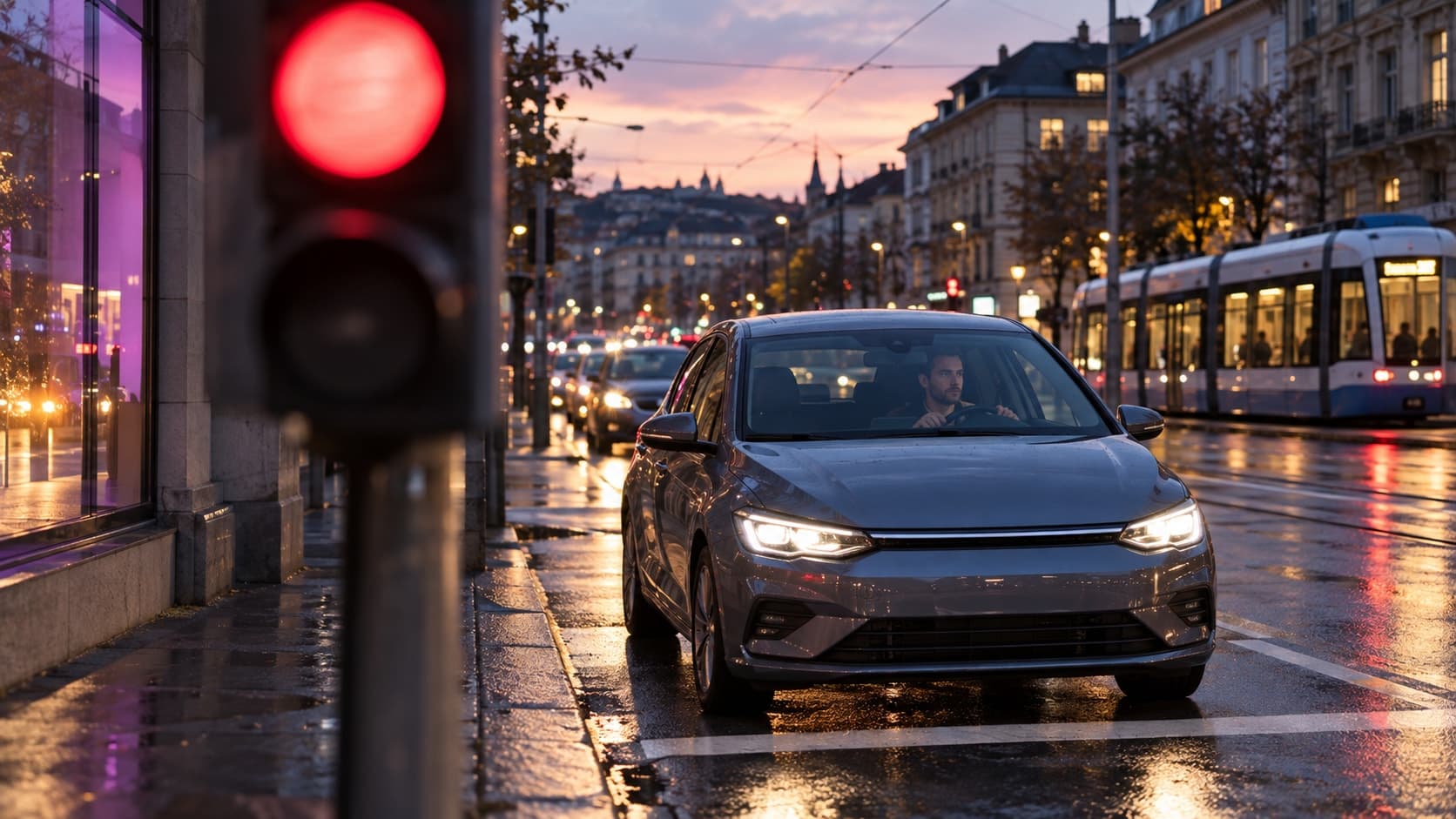Au crépuscule, un conducteur attentif, les mains sur le volant, attend au feu rouge dans une voiture arrêtée avant la ligne d’arrêt. Les lumières se reflètent sur la chaussée mouillée, avec un tram et des immeubles en arrière-plan.