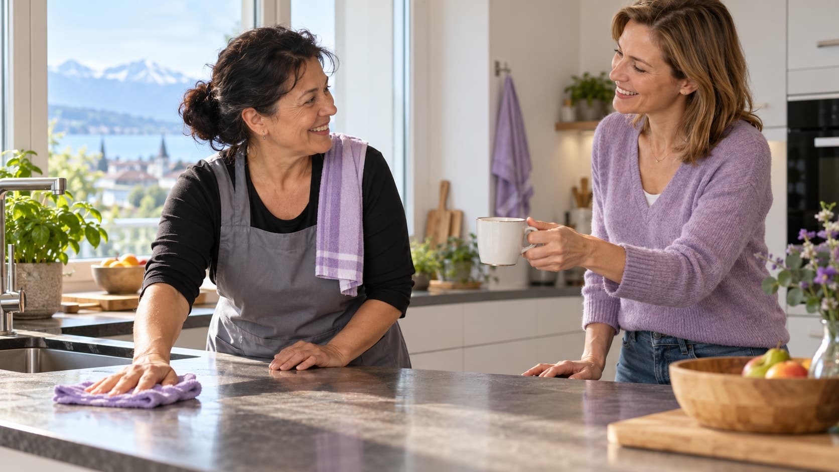 Dans une cuisine lumineuse, une employée de maison essuie le plan de travail tandis qu’une autre femme lui tend une tasse de café en souriant.
