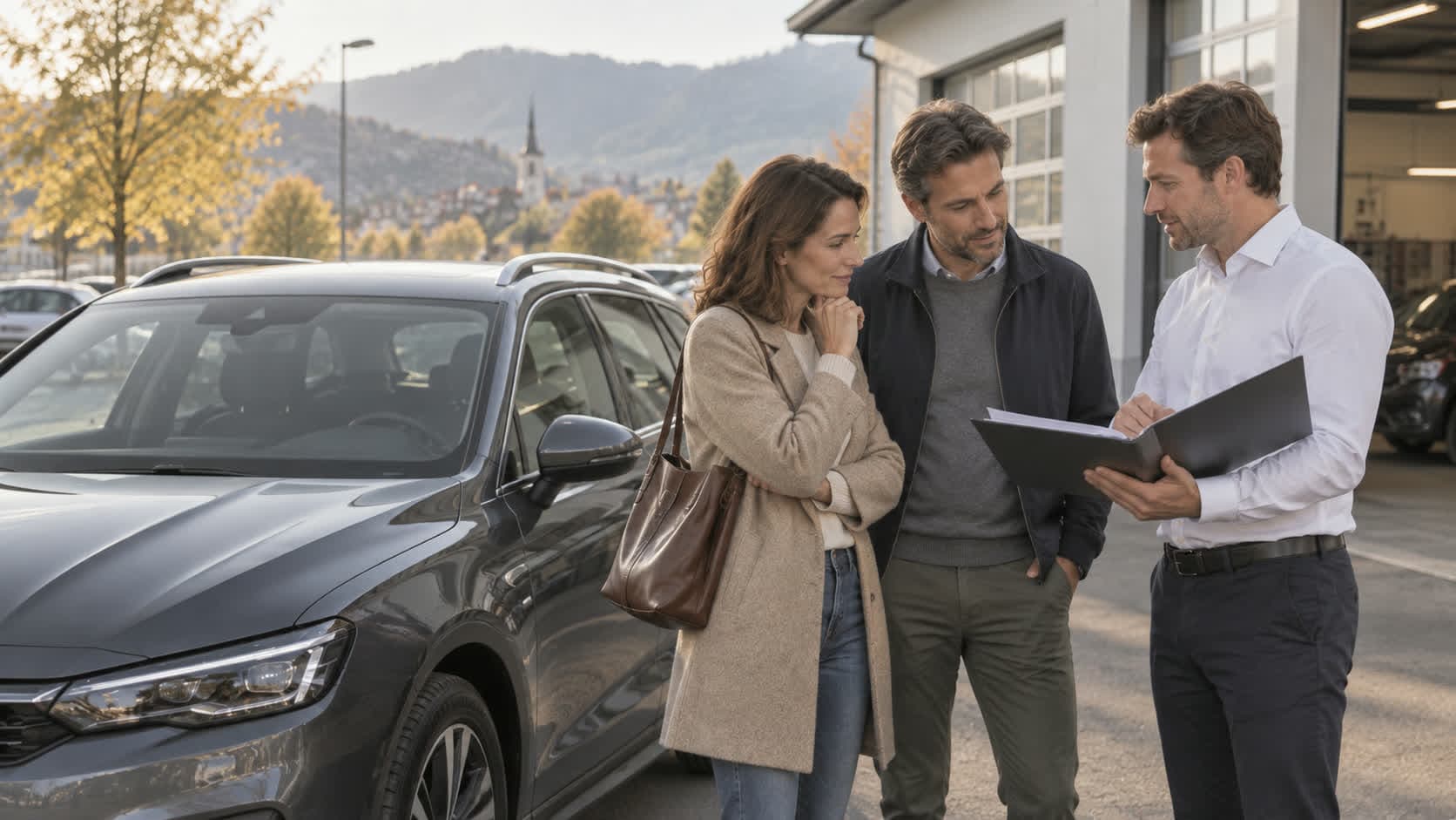 Un homme et une femme discutent avec un conseiller à côté d’une voiture, dans la cour d’un garage, un dossier à la main
