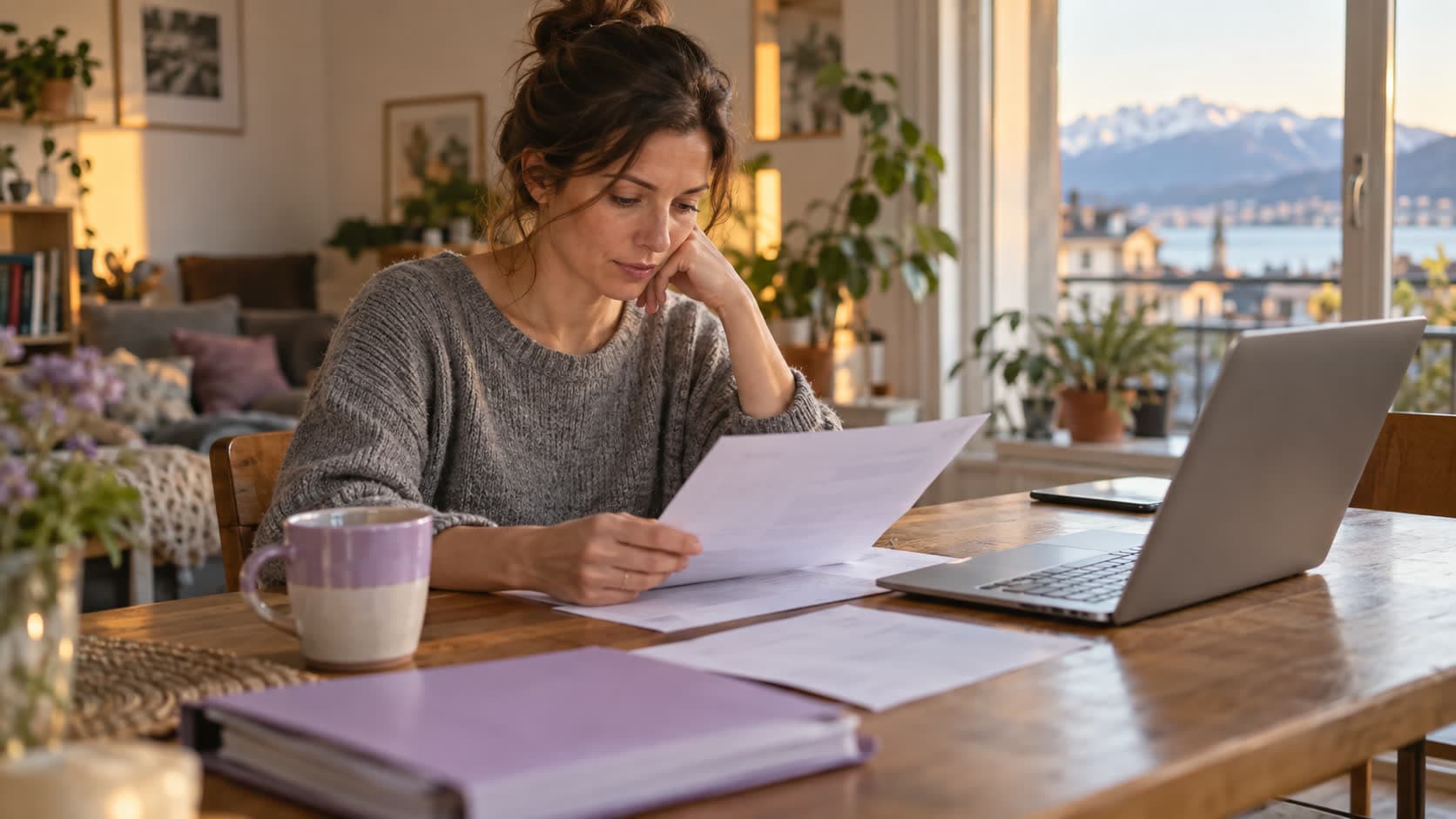 Une femme lit un courrier à son bureau à domicile, un ordinateur portable ouvert à côté