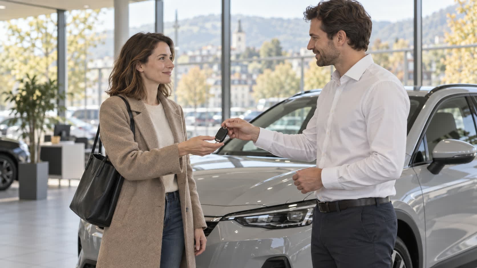 Une femme reçoit les clés d’une voiture neuve des mains d’un conseiller, dans le hall lumineux d’un garage