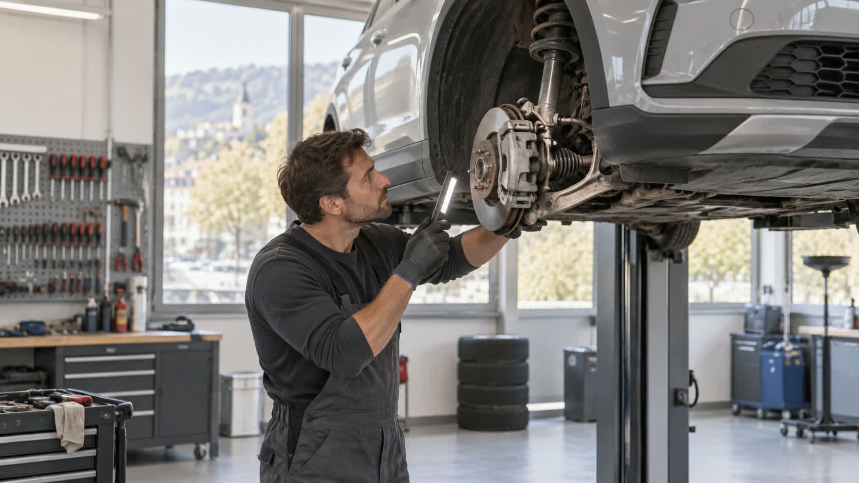 Une voiture récente sur un pont élévateur dans l’atelier d’un garage de marque, un mécanicien au travail