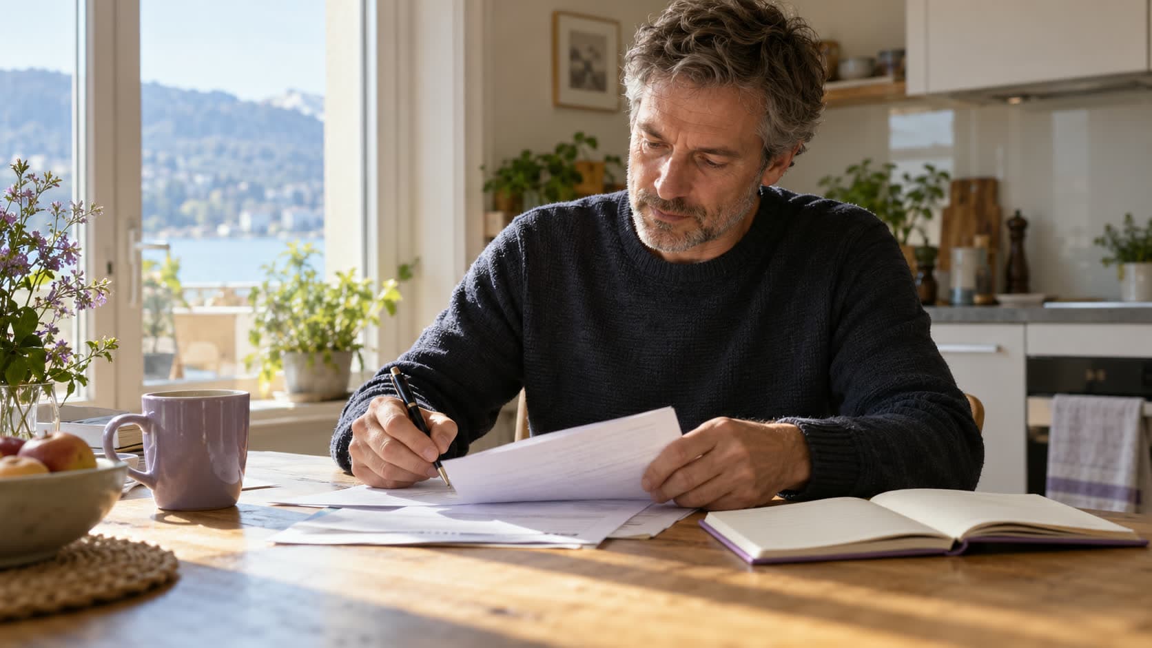 Un homme annote un document à la table de sa cuisine, avec un carnet ouvert et une tasse à côté