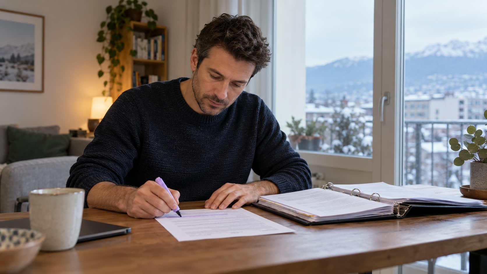 Un homme lit un document à son bureau, un surligneur à la main, un classeur ouvert à côté