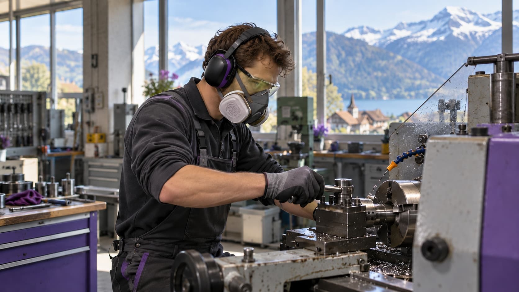 Un ouvrier portant un casque antibruit, un masque et des lunettes de protection travaille sur un tour dans un atelier.