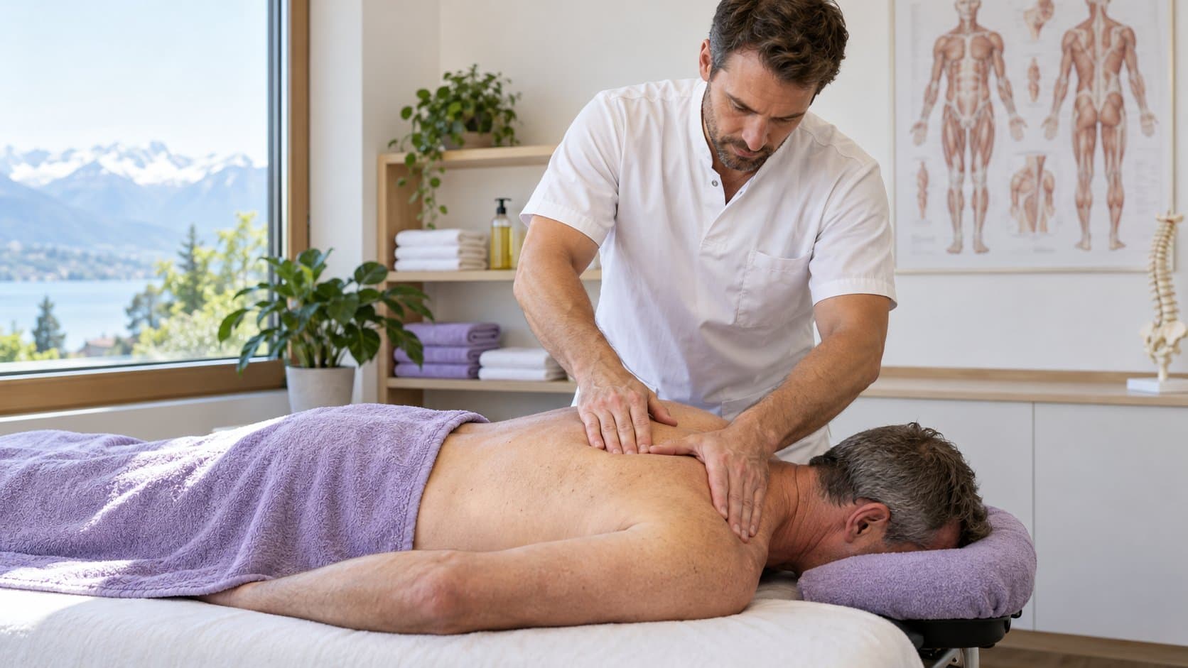Dans un cabinet lumineux avec vue sur le lac, un masseur masse le haut du dos et l’épaule d’un homme allongé sur une table de soin.