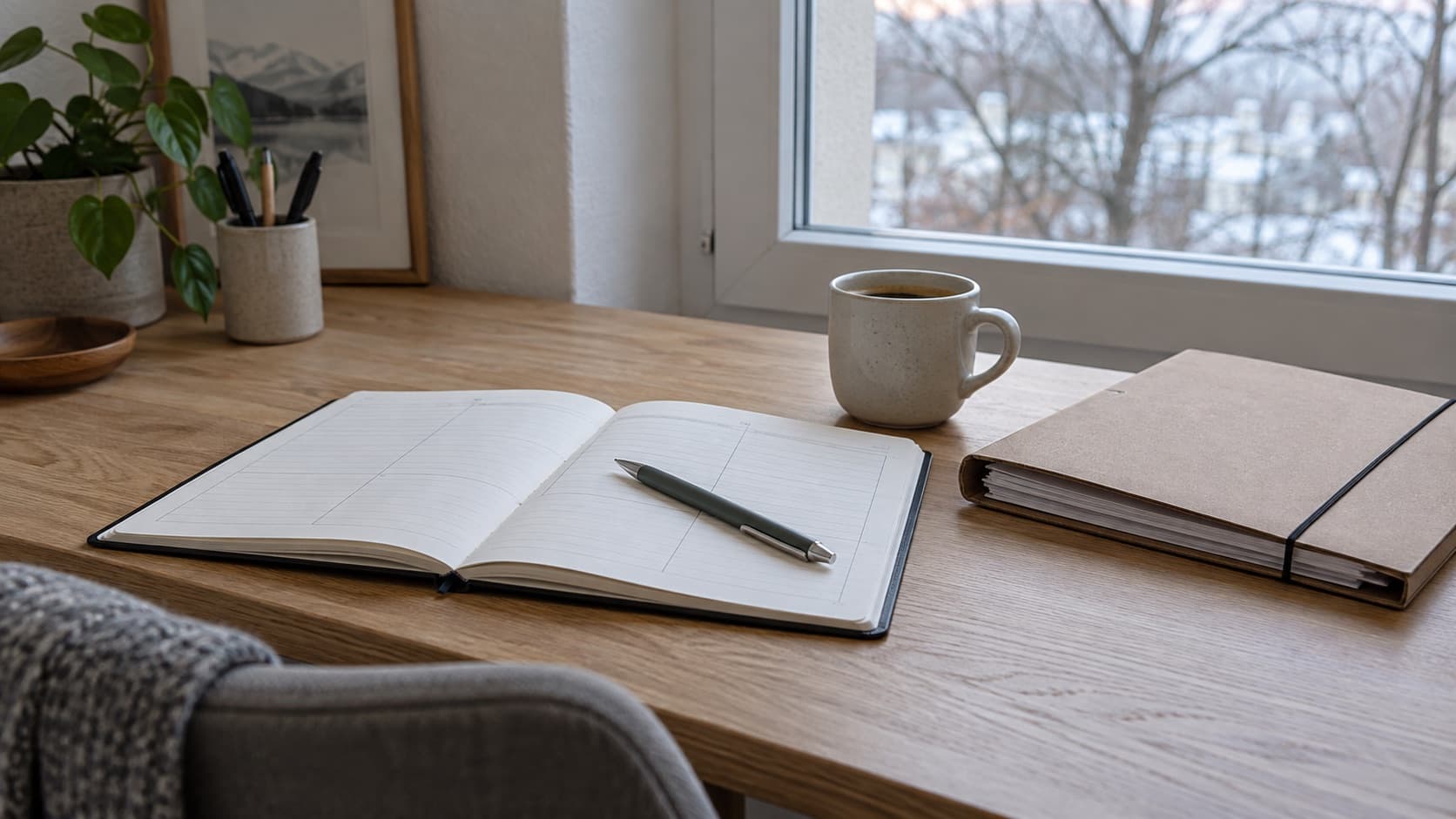 Un agenda ouvert sur un bureau en bois, un stylo posé en travers, une fenêtre et une plante en arrière-plan