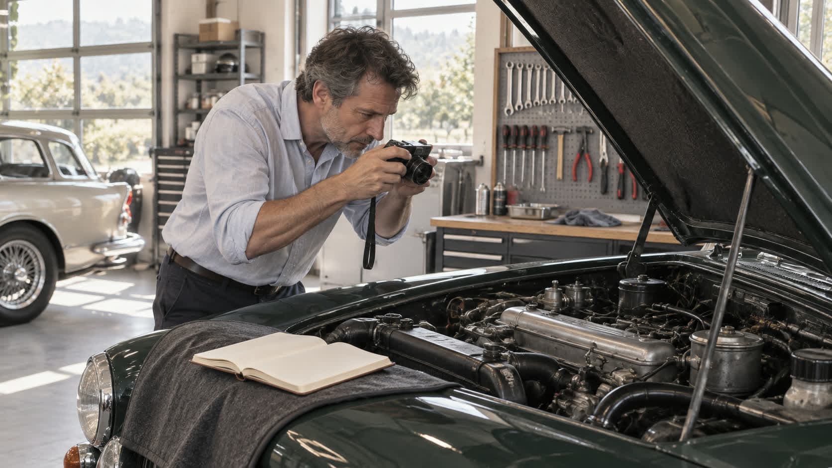 Un expert photographie le compartiment moteur d’une voiture ancienne ouverte dans un garage, un carnet à la main