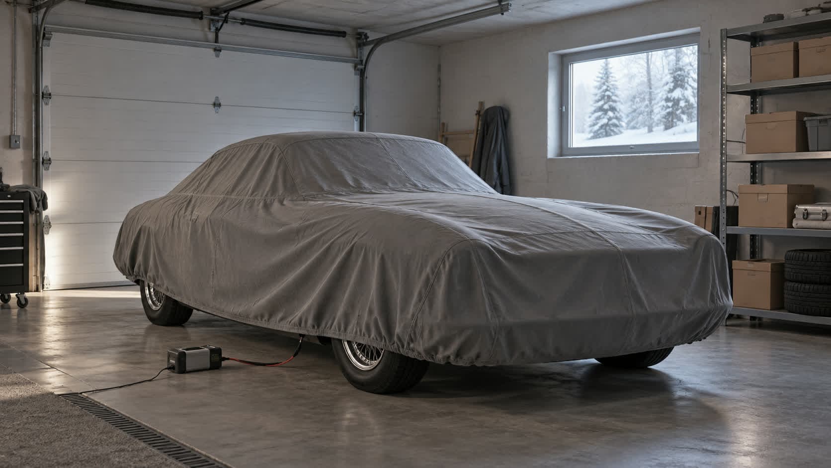 Une voiture de collection recouverte d’une housse dans un garage fermé et bien rangé, en hiver